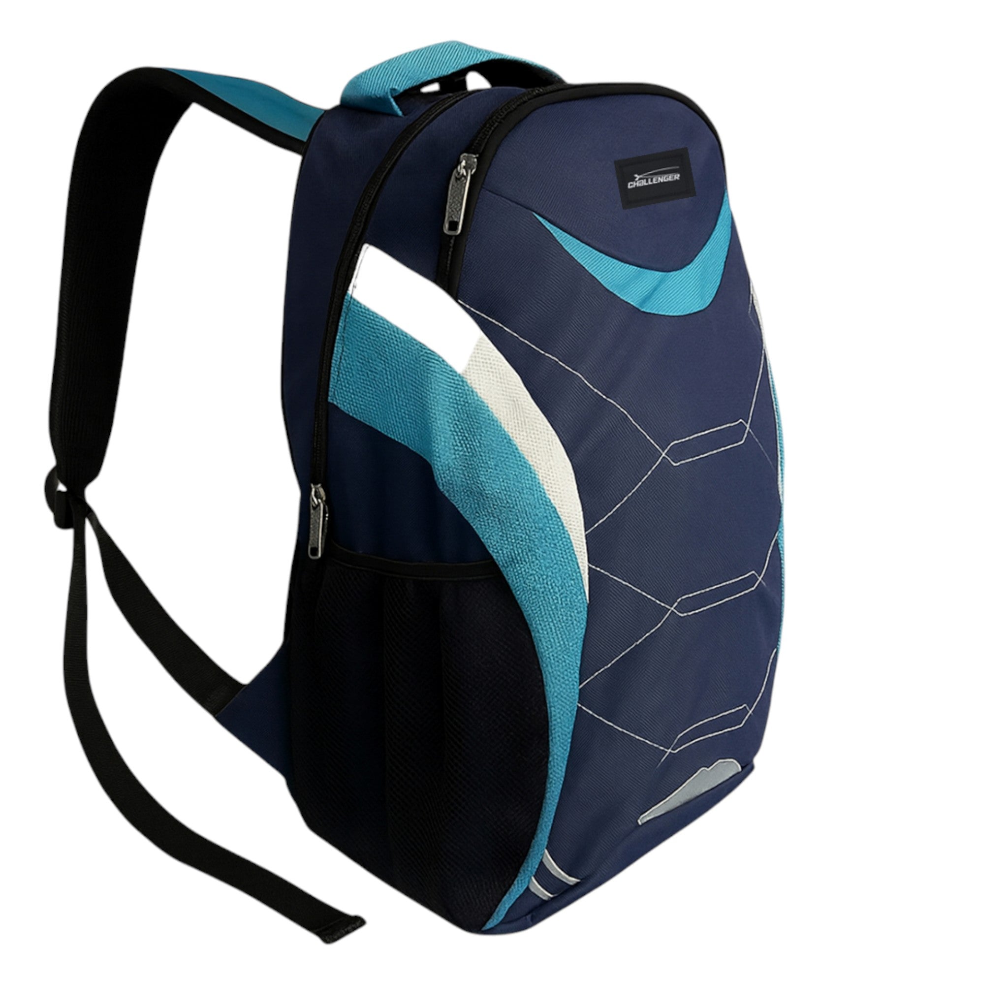 navy and blue Challenger dual compartment backpack with white detailing, padded shoulder straps, and side mesh pockets – ideal for school, work, or travel.